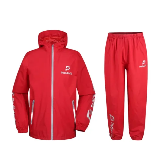 Customized Logo Safety Polyester Nylon Waterproof Windbreaker Zipper PU Food Delivery Express Uniform Raincoat Cycling Hiking Outdoor Rain Suit 