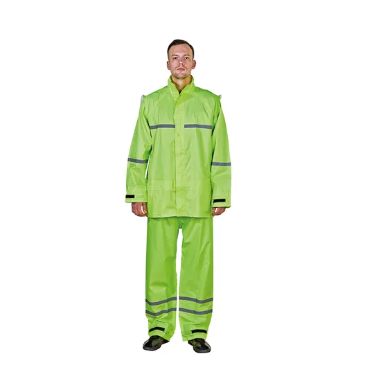R015 Waterproof Chemical Resistant Rubberized Hooded Working Raincoat Two Pieces High Visibility Reflective Tape Polyester PVC Rainsuit Roadside Safety Jackets 